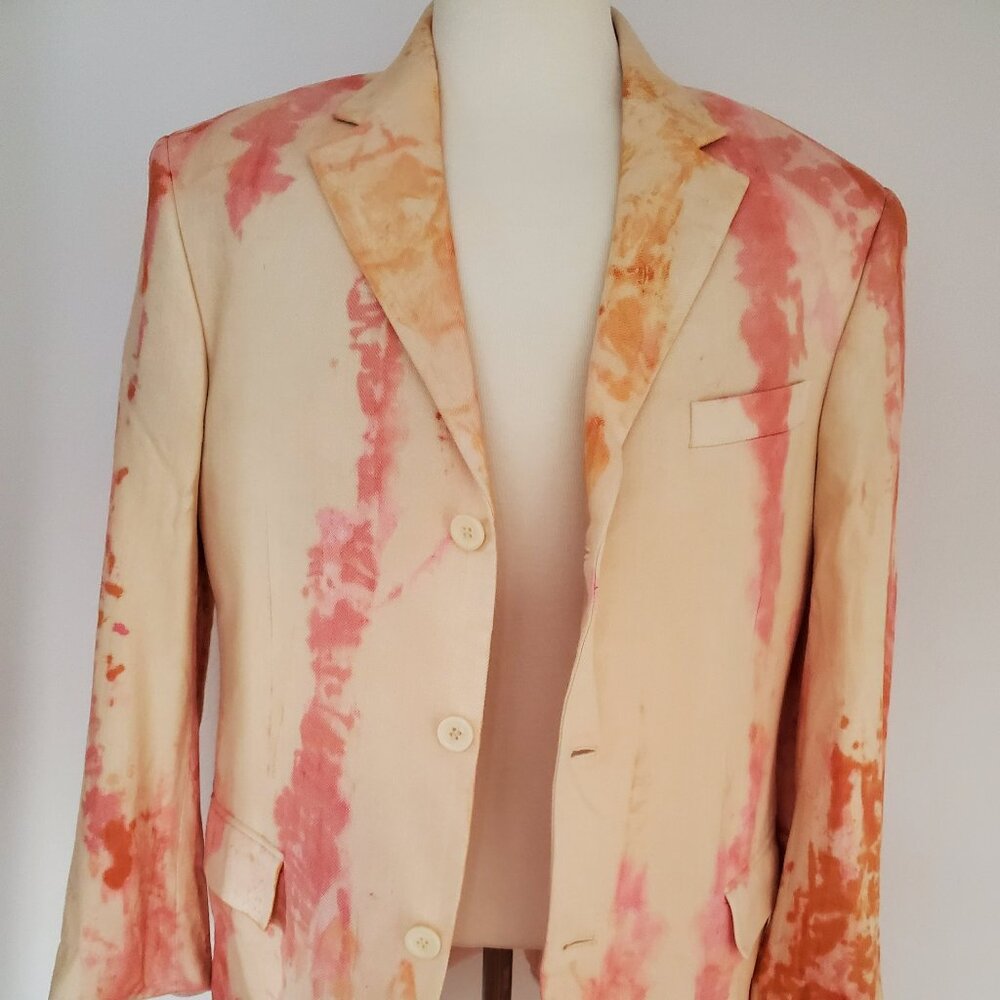 Silk blazer suit jacket painted tie dye orange yellow cream pink large XL 41 42L